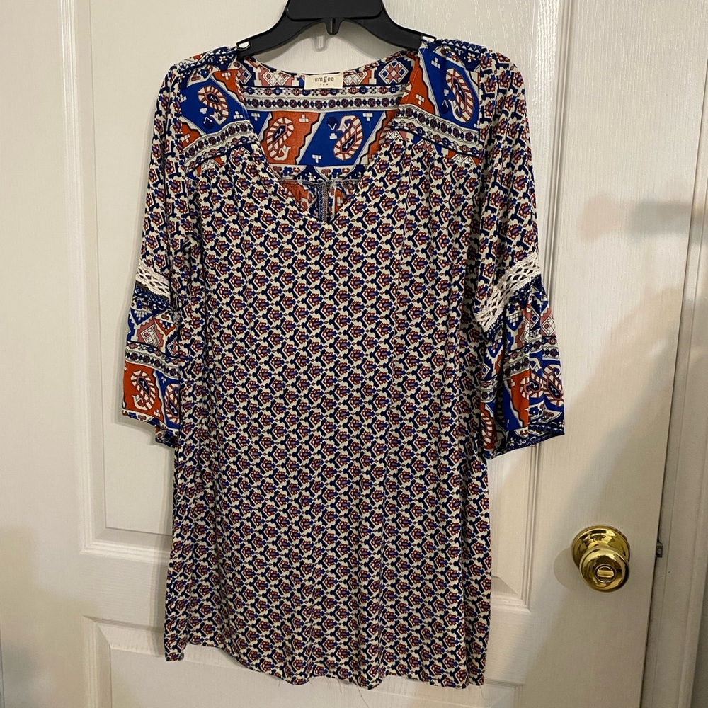 UMGEE Boho Mixed Media Mini Dress Paisley Geometric Bell Sleeve Tunic Sz Small